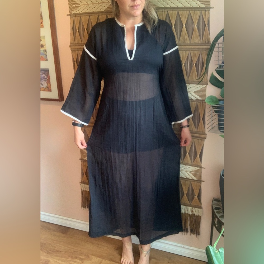 Vintage 1970s Black & White Semi Sheer Maxi Dress, Cover-Up, Sz L/XL